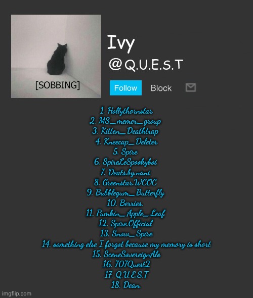 When did you meet me? | 1. Hollythornstar 
2. MS_memer_group 
3. Kitten_Deathtrap 
4. Kneecap_Deleter
5. Spire 
6. SpireLeSpookyboi 
7. Deats.by.nani 
8. Greenstar.WCOC 
9. Bubblegum_Butterfly 
10. Berries. 
11. Pumkin_Apple_Leaf 
12. Spire.Official 
13. Snow_Spire
14. something else I forgot because my memory is short
15. SceneSovereignAlo
16. 707Quest2
17. Q.U.E.S.T
18. Dean. | image tagged in ivy announcement template | made w/ Imgflip meme maker