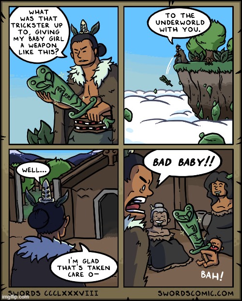 image tagged in sword,underworld,throw,village,baby,bad | made w/ Imgflip meme maker