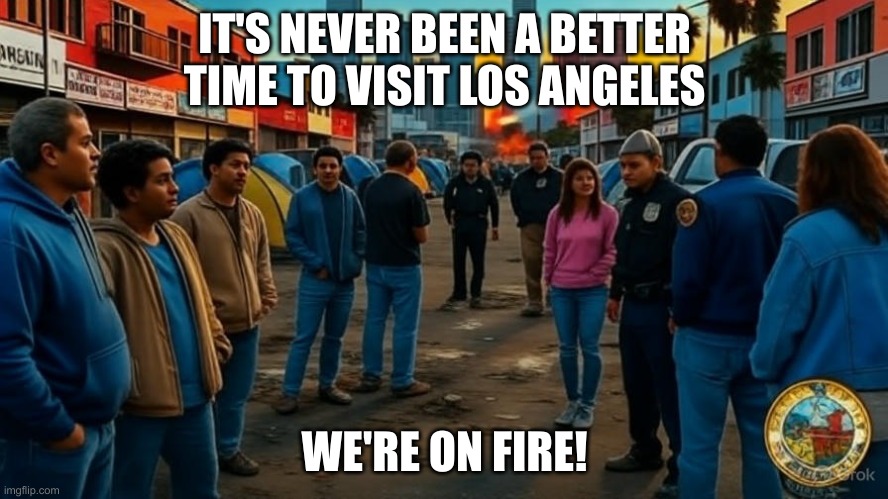 Visit Los Angeles | IT'S NEVER BEEN A BETTER TIME TO VISIT LOS ANGELES; WE'RE ON FIRE! | image tagged in visit los angeles | made w/ Imgflip meme maker