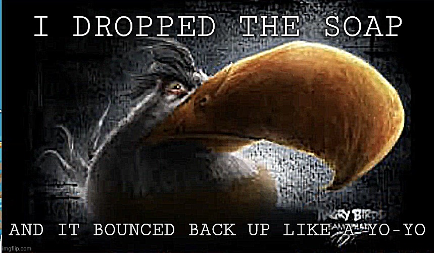 Realistic Mighty Eagle | I DROPPED THE SOAP; AND IT BOUNCED BACK UP LIKE A YO-YO | image tagged in realistic mighty eagle | made w/ Imgflip meme maker