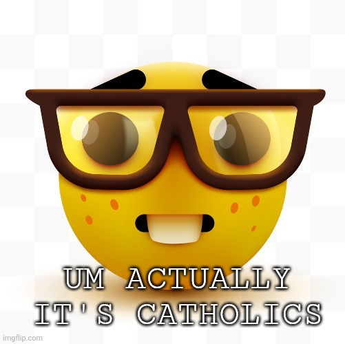 Nerd emoji | UM ACTUALLY IT'S CATHOLICS | image tagged in nerd emoji | made w/ Imgflip meme maker