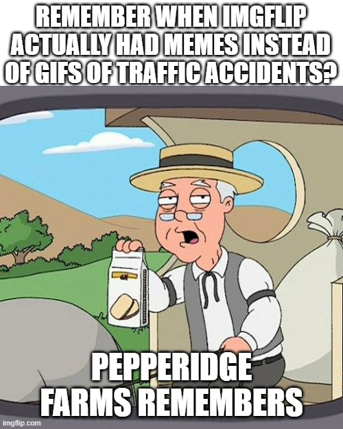 Pepperidge Farm Remembers | REMEMBER WHEN IMGFLIP ACTUALLY HAD MEMES INSTEAD OF GIFS OF TRAFFIC ACCIDENTS? PEPPERIDGE FARMS REMEMBERS | image tagged in memes,pepperidge farm remembers,funny memes,meme,relatable,family guy | made w/ Imgflip meme maker