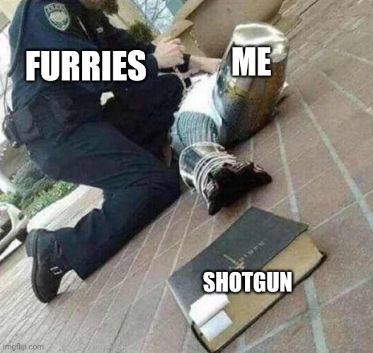 Arrested crusader reaching for book | FURRIES; ME; SHOTGUN | image tagged in arrested crusader reaching for book | made w/ Imgflip meme maker