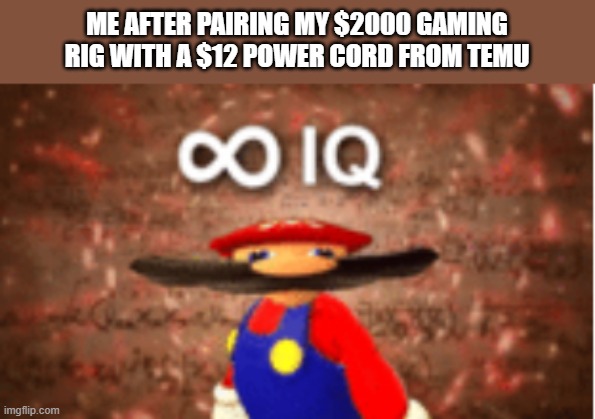 cheap skeet | ME AFTER PAIRING MY $2000 GAMING RIG WITH A $12 POWER CORD FROM TEMU | image tagged in infinite iq,gaming | made w/ Imgflip meme maker
