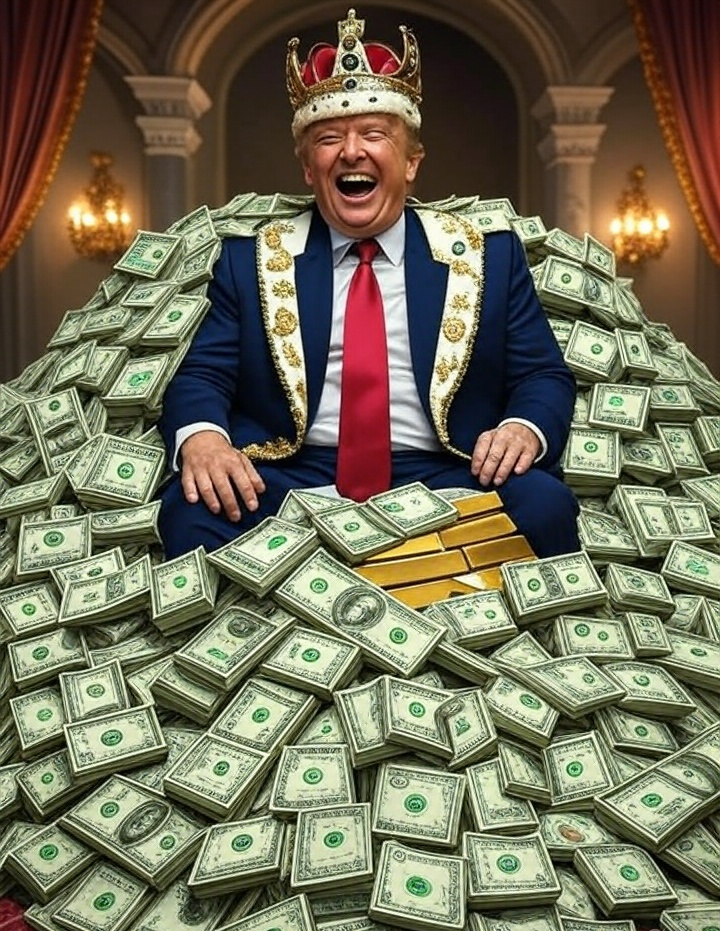 King Trump sitting on a pile of taxpayer money and gold Blank Meme Template