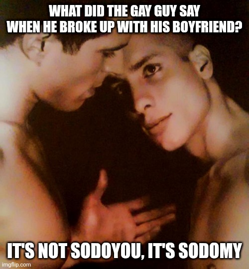 Here is a gay joke for pride month | WHAT DID THE GAY GUY SAY WHEN HE BROKE UP WITH HIS BOYFRIEND? IT'S NOT SODOYOU, IT'S SODOMY | image tagged in gay men,gay,gay pride,gay jokes | made w/ Imgflip meme maker