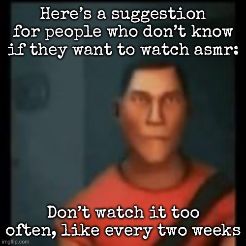Disappointed Scout | Here’s a suggestion for people who don’t know if they want to watch asmr:; Don’t watch it too often, like every two weeks | image tagged in disappointed scout,msmg | made w/ Imgflip meme maker