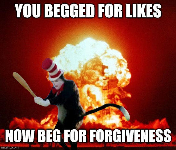 Nuke | YOU BEGGED FOR LIKES; NOW BEG FOR FORGIVENESS | image tagged in nuke | made w/ Imgflip meme maker