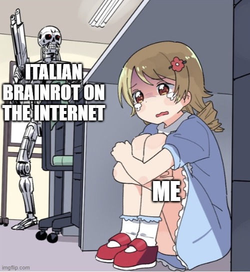 Get rid of the brainrot | ITALIAN BRAINROT ON THE INTERNET; ME | image tagged in anime girl hiding from terminator | made w/ Imgflip meme maker