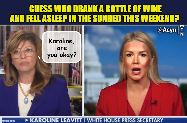 Pace yourself Karoline, it's a four year term... | GUESS WHO DRANK A BOTTLE OF WINE AND FELL ASLEEP IN THE SUNBED THIS WEEKEND? Karoline, are you okay? | image tagged in impeach trump,fox news,government corruption,white house,trump is a moron | made w/ Imgflip meme maker