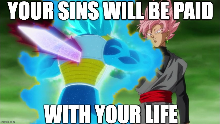 Goku black stabs | YOUR SINS WILL BE PAID WITH YOUR LIFE | image tagged in goku black stabs | made w/ Imgflip meme maker
