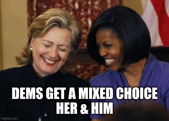 Hillary Clinton Michelle Obama | DEMS GET A MIXED CHOICE
HER & HIM | image tagged in hillary clinton michelle obama | made w/ Imgflip meme maker