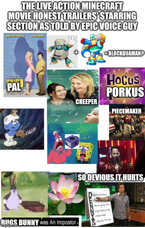 Spoilers Without Context | THE LIVE ACTION MINECRAFT MOVIE HONEST TRAILERS' STARRING SECTION AS TOLD BY EPIC VOICE GUY; = BLOCKQUAMAN? +; PAL; PORKUS; CREEPER; PIECEMAKER; SO DEVIOUS IT HURTS; BUGS BUNNY | image tagged in spoilers without context,honest trailers,a minecraft movie,looney tunes | made w/ Imgflip meme maker