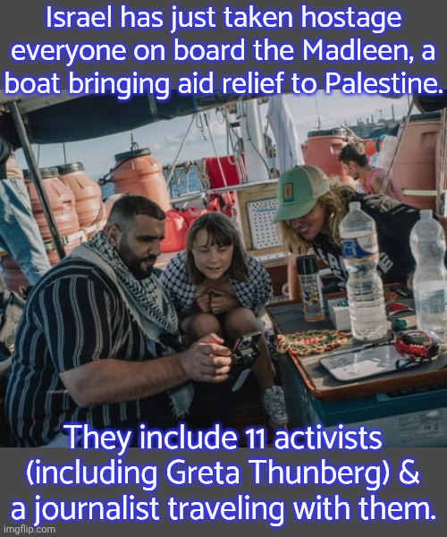 Israel tried to kill them before. | Israel has just taken hostage everyone on board the Madleen, a boat bringing aid relief to Palestine. They include 11 activists (including Greta Thunberg) & a journalist traveling with them. | image tagged in human rights,oppression,fascists | made w/ Imgflip meme maker