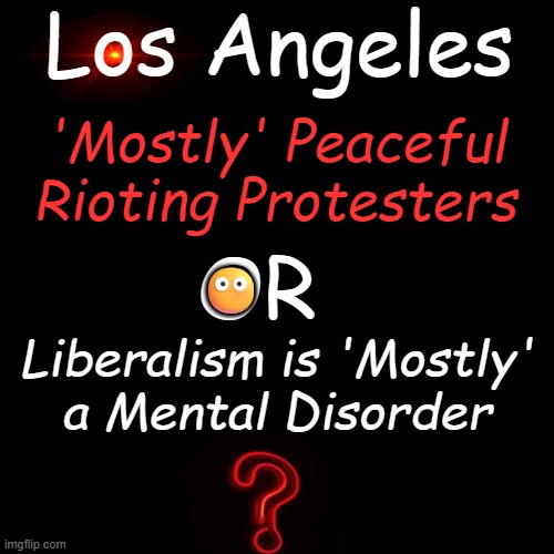Survey Says.... | Los Angeles; 'Mostly' Peaceful 
Rioting Protesters; OR; 😶; Liberalism is 'Mostly' 
a Mental Disorder | image tagged in los angeles,liberals vs conservatives,liberalism,conservatism,wrecking ball,something's wrong i can feel it | made w/ Imgflip meme maker
