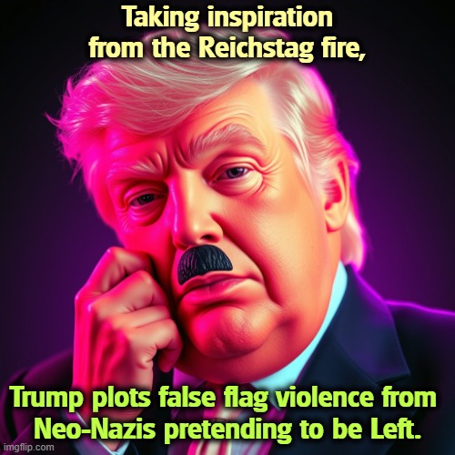 If there is any serious violence in this unlawful clusterfork, Trump started it. | Taking inspiration from the Reichstag fire, Trump plots false flag violence from 
Neo-Nazis pretending to be Left. | image tagged in trump hitler plotting his dictatorship mustache,trump,hitler,reichstag fire,false flag,neo-nazis | made w/ Imgflip meme maker