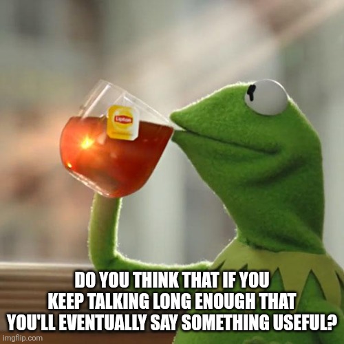 Blah blah blah = you | DO YOU THINK THAT IF YOU KEEP TALKING LONG ENOUGH THAT YOU'LL EVENTUALLY SAY SOMETHING USEFUL? | image tagged in memes,but that's none of my business,kermit the frog | made w/ Imgflip meme maker