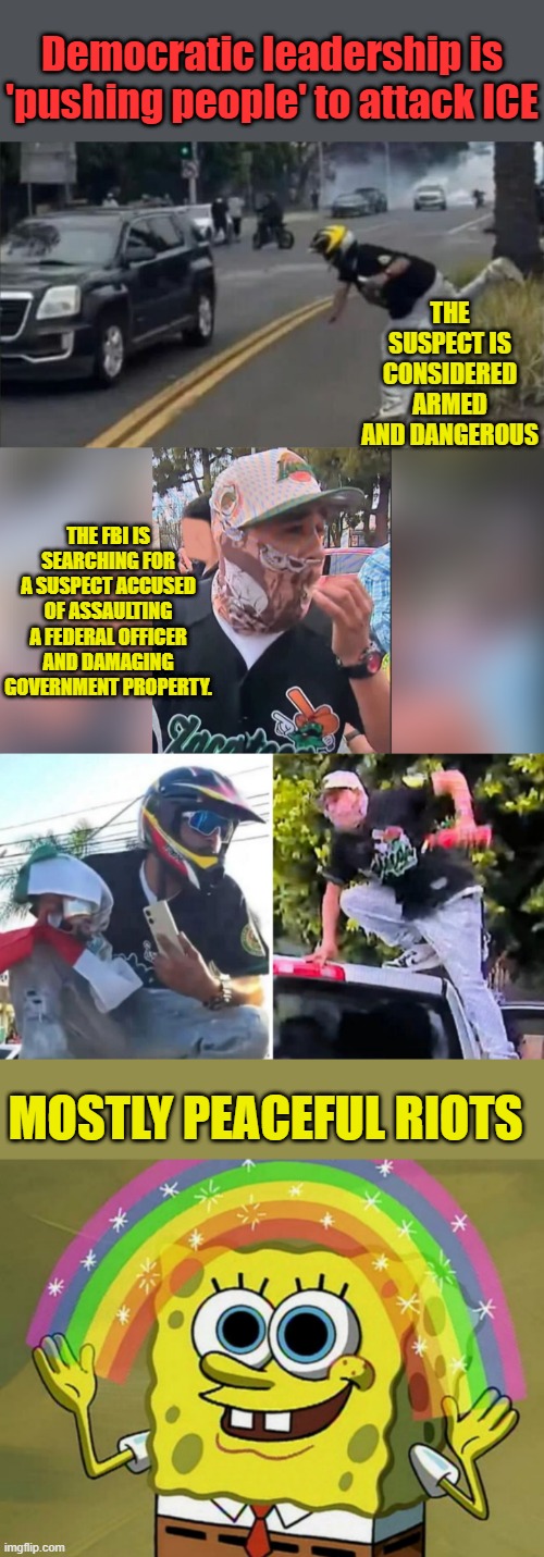 DEM party is no longer hideing what it is. | Democratic leadership is 'pushing people' to attack ICE; THE SUSPECT IS CONSIDERED ARMED AND DANGEROUS; THE FBI IS SEARCHING FOR A SUSPECT ACCUSED OF ASSAULTING A FEDERAL OFFICER AND DAMAGING GOVERNMENT PROPERTY. MOSTLY PEACEFUL RIOTS | image tagged in memes,imagination spongebob | made w/ Imgflip meme maker