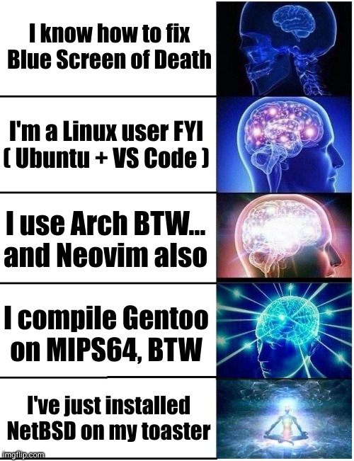 I know how to fix blue screen of death | I know how to fix
Blue Screen of Death; I'm a Linux user FYI
( Ubuntu + VS Code ); I use Arch BTW...
and Neovim also; I compile Gentoo
on MIPS64, BTW; I've just installed NetBSD on my toaster | image tagged in expanding brain 5 panel | made w/ Imgflip meme maker