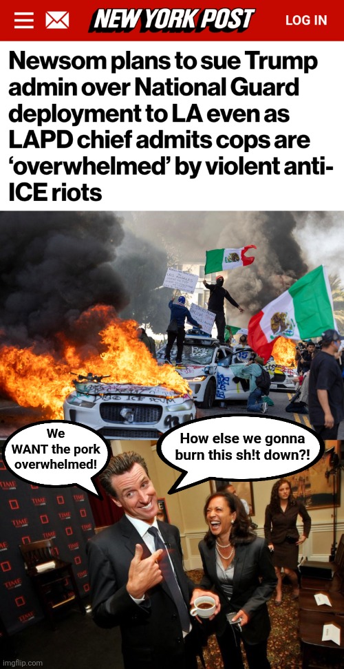 We WANT the pork overwhelmed! | How else we gonna
burn this sh!t down?! We
WANT the pork
overwhelmed! | image tagged in gavin newsom kamala harris,memes,democrats,riots,national guard,illegal immigrants | made w/ Imgflip meme maker