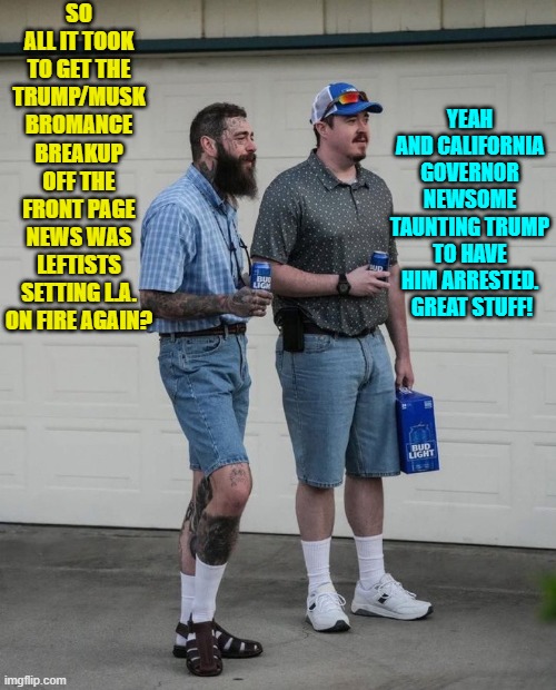 Got popcorn? | SO ALL IT TOOK TO GET THE TRUMP/MUSK BROMANCE BREAKUP OFF THE FRONT PAGE NEWS WAS LEFTISTS SETTING L.A. ON FIRE AGAIN? YEAH AND CALIFORNIA GOVERNOR NEWSOME TAUNTING TRUMP TO HAVE HIM ARRESTED.  GREAT STUFF! | image tagged in yep | made w/ Imgflip meme maker