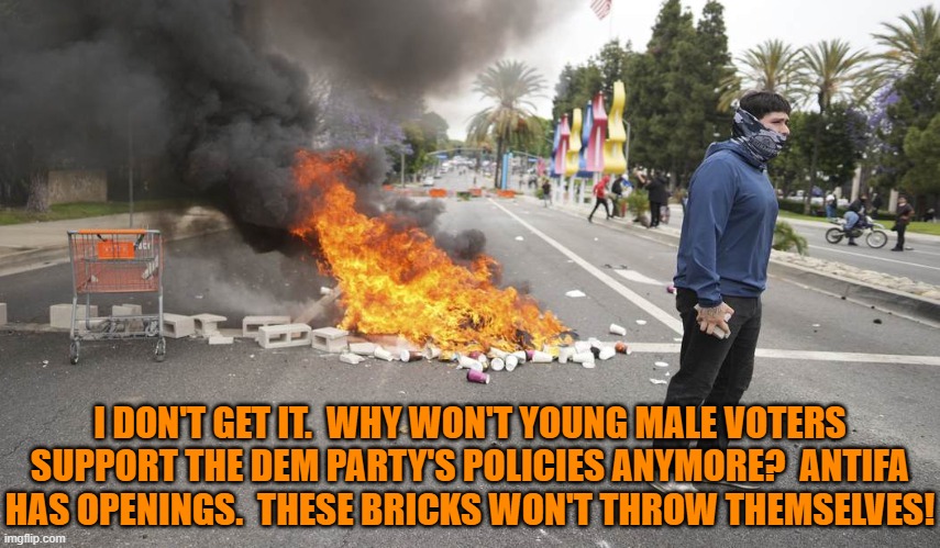 First World leftist problems. | I DON'T GET IT.  WHY WON'T YOUNG MALE VOTERS SUPPORT THE DEM PARTY'S POLICIES ANYMORE?  ANTIFA HAS OPENINGS.  THESE BRICKS WON'T THROW THEMSELVES! | image tagged in yep | made w/ Imgflip meme maker