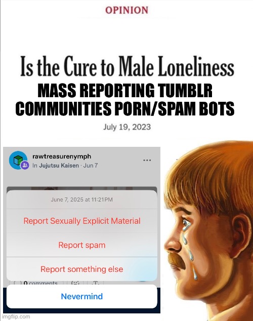 Is the cure to male loneliness image template | MASS REPORTING TUMBLR COMMUNITIES PORN/SPAM BOTS | image tagged in is the cure to male loneliness image template,memes,tumblr,relatable memes,shitpost,fun | made w/ Imgflip meme maker