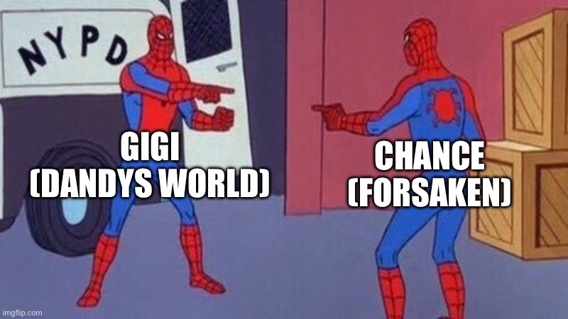 Both are gambling characters | GIGI (DANDYS WORLD); CHANCE (FORSAKEN) | image tagged in spiderman pointing at spiderman | made w/ Imgflip meme maker