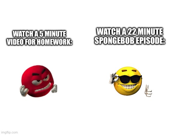 Literally me | WATCH A 22 MINUTE SPONGEBOB EPISODE:; WATCH A 5 MINUTE VIDEO FOR HOMEWORK: | image tagged in meme | made w/ Imgflip meme maker