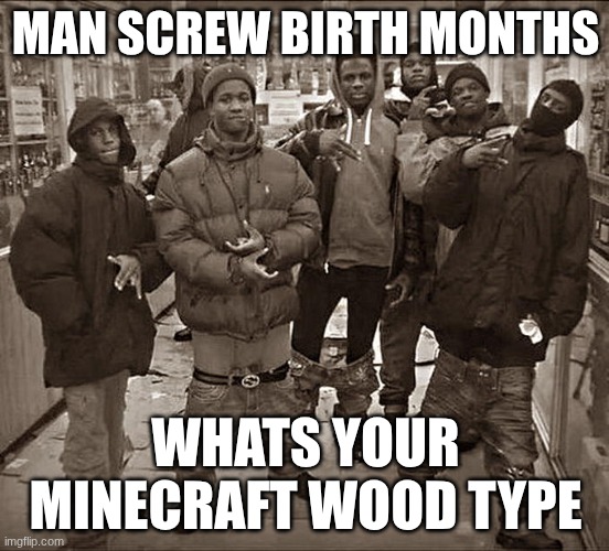 All My Homies Hate | MAN SCREW BIRTH MONTHS; WHATS YOUR MINECRAFT WOOD TYPE | image tagged in all my homies hate | made w/ Imgflip meme maker