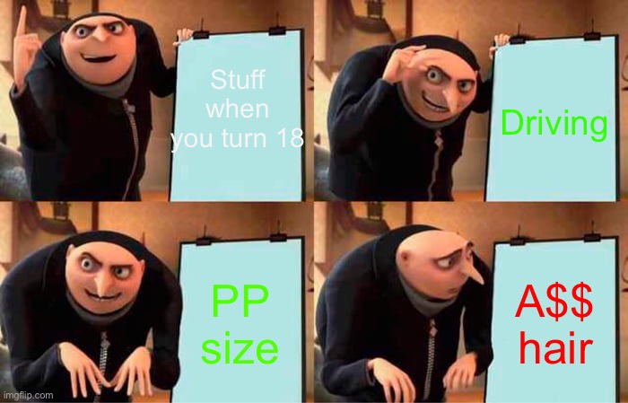Gru's Plan | Stuff when you turn 18; Driving; PP size; A$$ hair | image tagged in memes,gru's plan | made w/ Imgflip meme maker