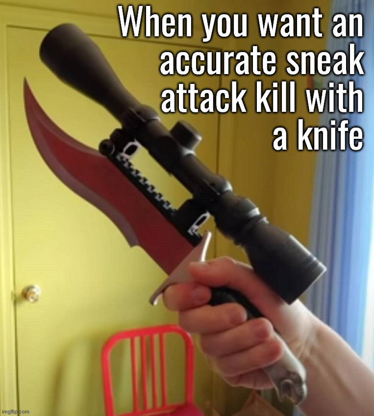 Always need a scope to be accurate | When you want an 
accurate sneak 
attack kill with 
a knife | image tagged in gaming | made w/ Imgflip meme maker