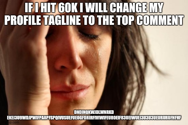 First World Problems | IF I HIT 60K I WILL CHANGE MY PROFILE TAGLINE TO THE TOP COMMENT; DNDINQKWJDLWNRKD EKEI3U9WDJPWIFPA8PFSPQIVUSUEFUEOGFDRIRFIVIWIFEUROEIF83UEIWUEI3U3U3UEURURUFHFHF | image tagged in memes,first world problems | made w/ Imgflip meme maker
