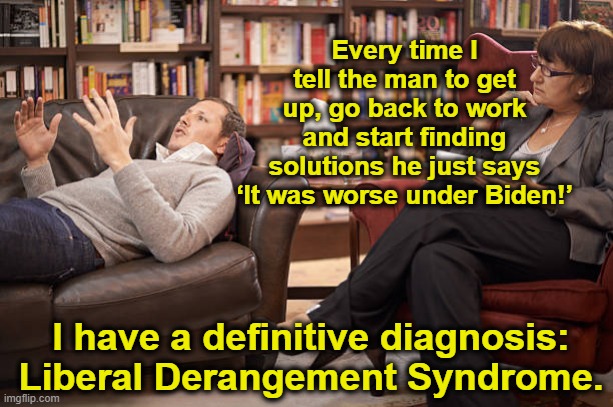 It's Biden's Fault | Every time I tell the man to get up, go back to work and start finding solutions he just says ‘It was worse under Biden!’; I have a definitive diagnosis: Liberal Derangement Syndrome. | image tagged in maga,right wing,presidential alert,gop,donald trump approves,nevertrump meme | made w/ Imgflip meme maker