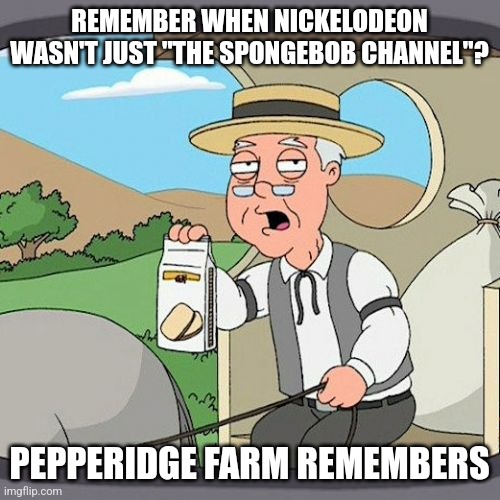 Pepperidge Farm Remembers | REMEMBER WHEN NICKELODEON WASN'T JUST "THE SPONGEBOB CHANNEL"? PEPPERIDGE FARM REMEMBERS | image tagged in memes,pepperidge farm remembers | made w/ Imgflip meme maker
