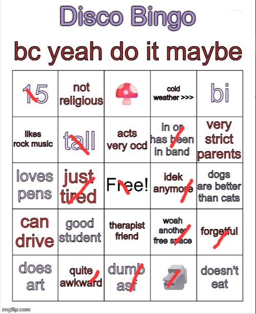 Disco bingo but slightly less terrible | image tagged in disco bingo but slightly less terrible | made w/ Imgflip meme maker