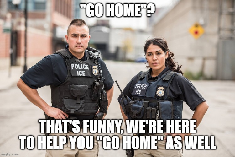 ICE Agents | "GO HOME"? THAT'S FUNNY, WE'RE HERE TO HELP YOU "GO HOME" AS WELL | image tagged in ice agents | made w/ Imgflip meme maker