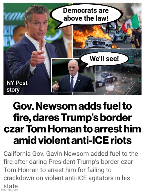 Democrats: we are above the law! | Democrats are
above the law! We'll see! NY Post
story | image tagged in memes,gavin newsom,democrats,above the law,los angeles,riots | made w/ Imgflip meme maker