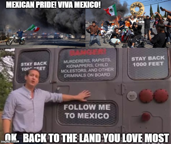 LA riot | MEXICAN PRIDE! VIVA MEXICO! OK.  BACK TO THE LAND YOU LOVE MOST | image tagged in rioters | made w/ Imgflip meme maker