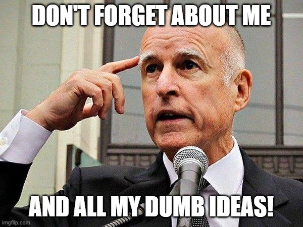 Jerry Brown | DON'T FORGET ABOUT ME AND ALL MY DUMB IDEAS! | image tagged in jerry brown | made w/ Imgflip meme maker
