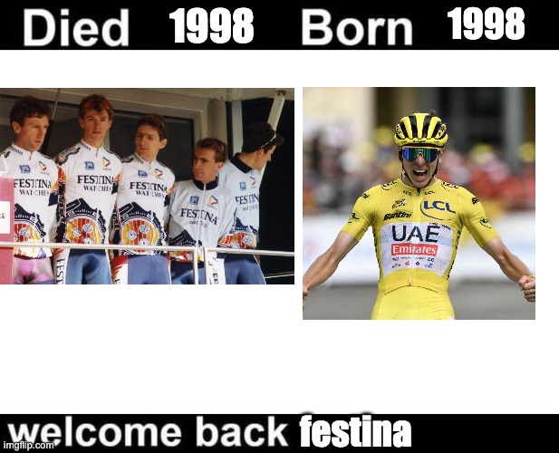 Born Died Welcome Back | 1998; 1998; festina | image tagged in born died welcome back | made w/ Imgflip meme maker