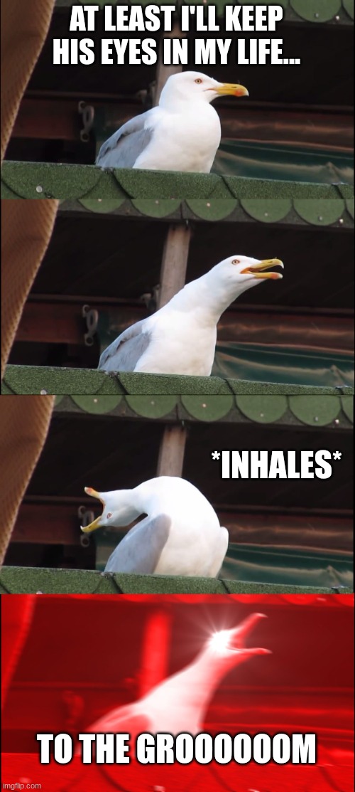 Angelica Schuyler be like during "satisfied" | AT LEAST I'LL KEEP HIS EYES IN MY LIFE... *INHALES*; TO THE GROOOOOOM | image tagged in memes,inhaling seagull,hamilton,satisfied | made w/ Imgflip meme maker