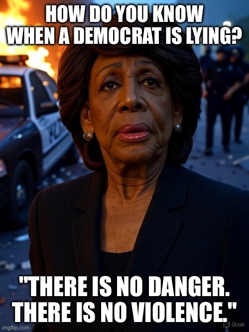 They only lie when their mouths are open | HOW DO YOU KNOW WHEN A DEMOCRAT IS LYING? "THERE IS NO DANGER. THERE IS NO VIOLENCE." | image tagged in maxine waters,democrats | made w/ Imgflip meme maker