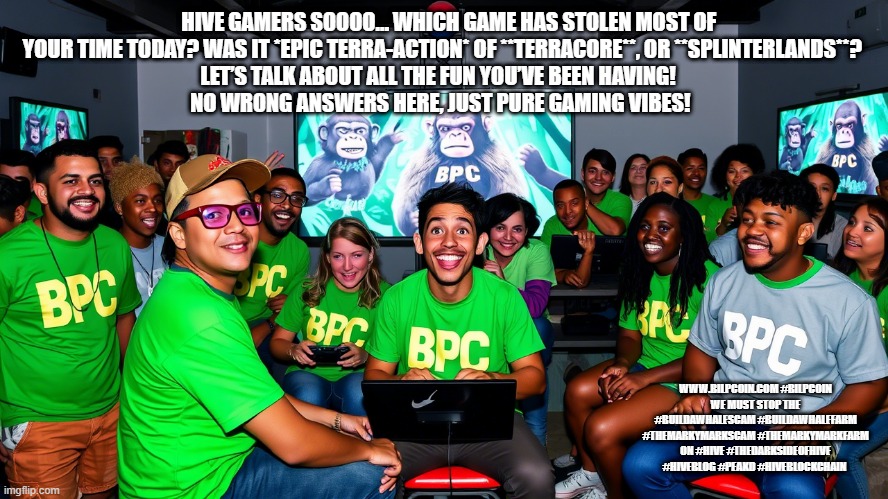 HIVE GAMERS SOOOO… WHICH GAME HAS STOLEN MOST OF YOUR TIME TODAY? WAS IT *EPIC TERRA-ACTION* OF **TERRACORE**, OR **SPLINTERLANDS**? 
LET’S TALK ABOUT ALL THE FUN YOU’VE BEEN HAVING!   
NO WRONG ANSWERS HERE, JUST PURE GAMING VIBES! WWW.BILPCOIN.COM #BILPCOIN WE MUST STOP THE #BUILDAWHALESCAM #BUILDAWHALEFARM #THEMARKYMARKSCAM #THEMARKYMARKFARM ON #HIVE #THEDARKSIDEOFHIVE #HIVEBLOG #PEAKD #HIVEBLOCKCHAIN | made w/ Imgflip meme maker
