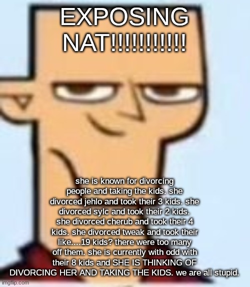 tyler | EXPOSING NAT!!!!!!!!!!! she is known for divorcing people and taking the kids. she divorced jehlo and took their 3 kids. she divorced sylc and took their 2 kids. she divorced cherub and took their 4 kids. she divorced tweak and took their like....19 kids? there were too many off them. she is currently with odd with their 8 kids and SHE IS THINKING OF DIVORCING HER AND TAKING THE KIDS. we are all stupid. | image tagged in tyler | made w/ Imgflip meme maker