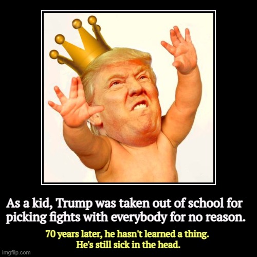 And this unnecessary fight with California is costing $134 million of your tax dollars and counting. | As a kid, Trump was taken out of school for 

picking fights with everybody for no reason. | 70 years later, he hasn't learned a thing. 
He' | image tagged in funny,demotivationals,trump,infantile,childish,toddler | made w/ Imgflip demotivational maker
