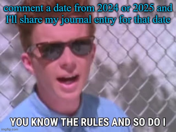 part 14 | comment a date from 2024 or 2025 and I'll share my journal entry for that date | image tagged in rick astley you know the rules | made w/ Imgflip meme maker