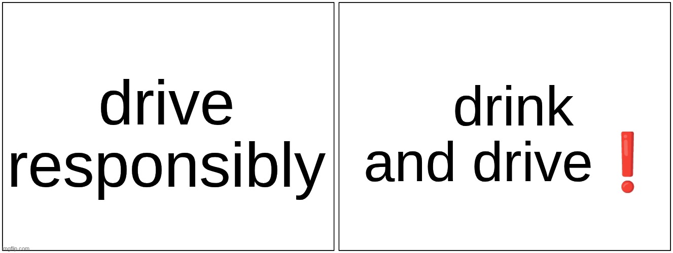 Blank Comic Panel 2x1 Meme | drive responsibly drink and drive❗ | image tagged in memes,blank comic panel 2x1 | made w/ Imgflip meme maker