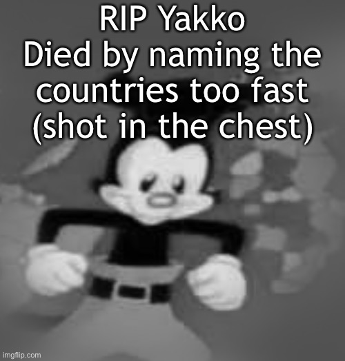 YAKKO | RIP Yakko
Died by naming the countries too fast (shot in the chest) | image tagged in yakko | made w/ Imgflip meme maker