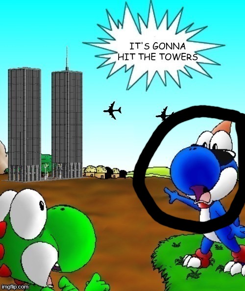why is he here? hasnt he died since 1996? why is he casually revealing his eyes? is he stupid? who is the green guy? | image tagged in its gonna hit the towers | made w/ Imgflip meme maker